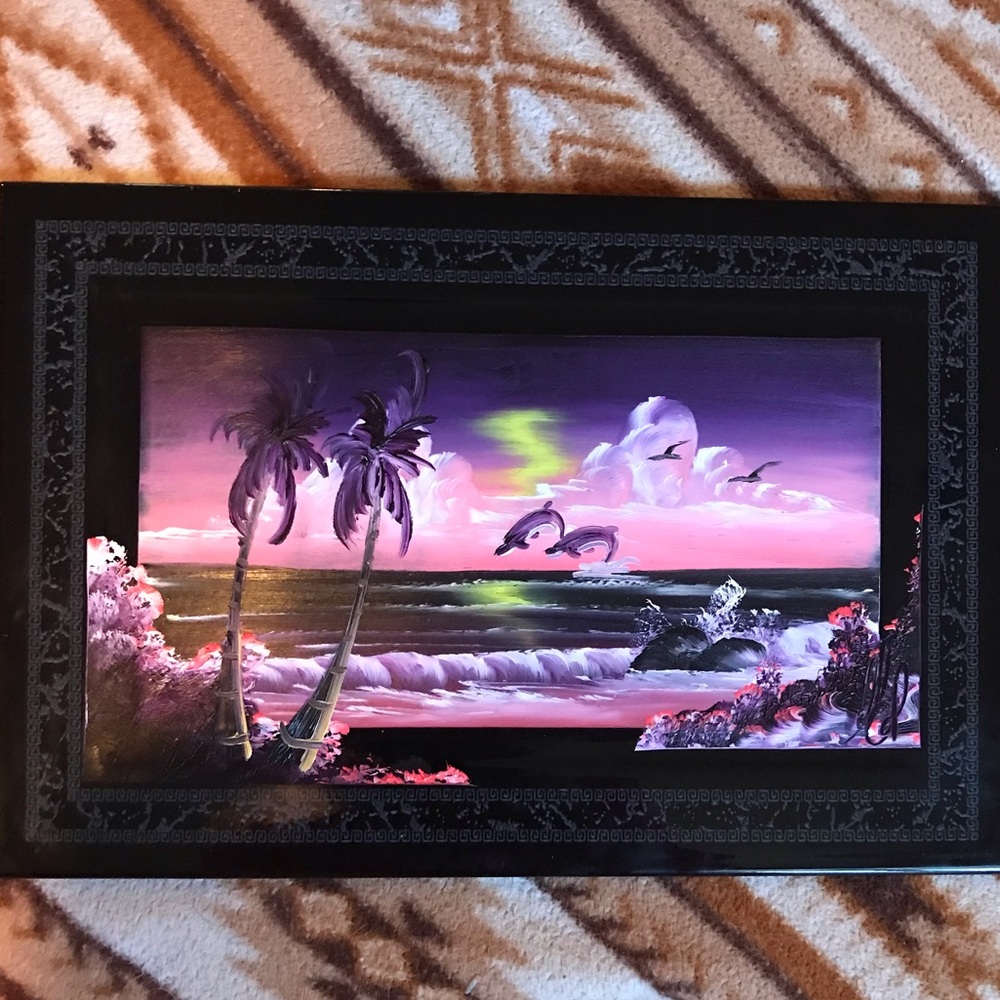 Scenery painting of dolphins jumping on island at sunset painted live in Mexico